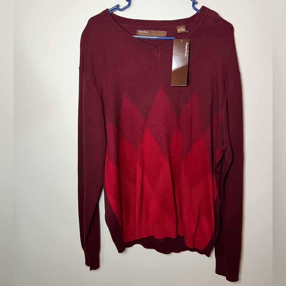 Perry Ellis Cotton XL red/brick color argyle print v-neck sweater BNWT